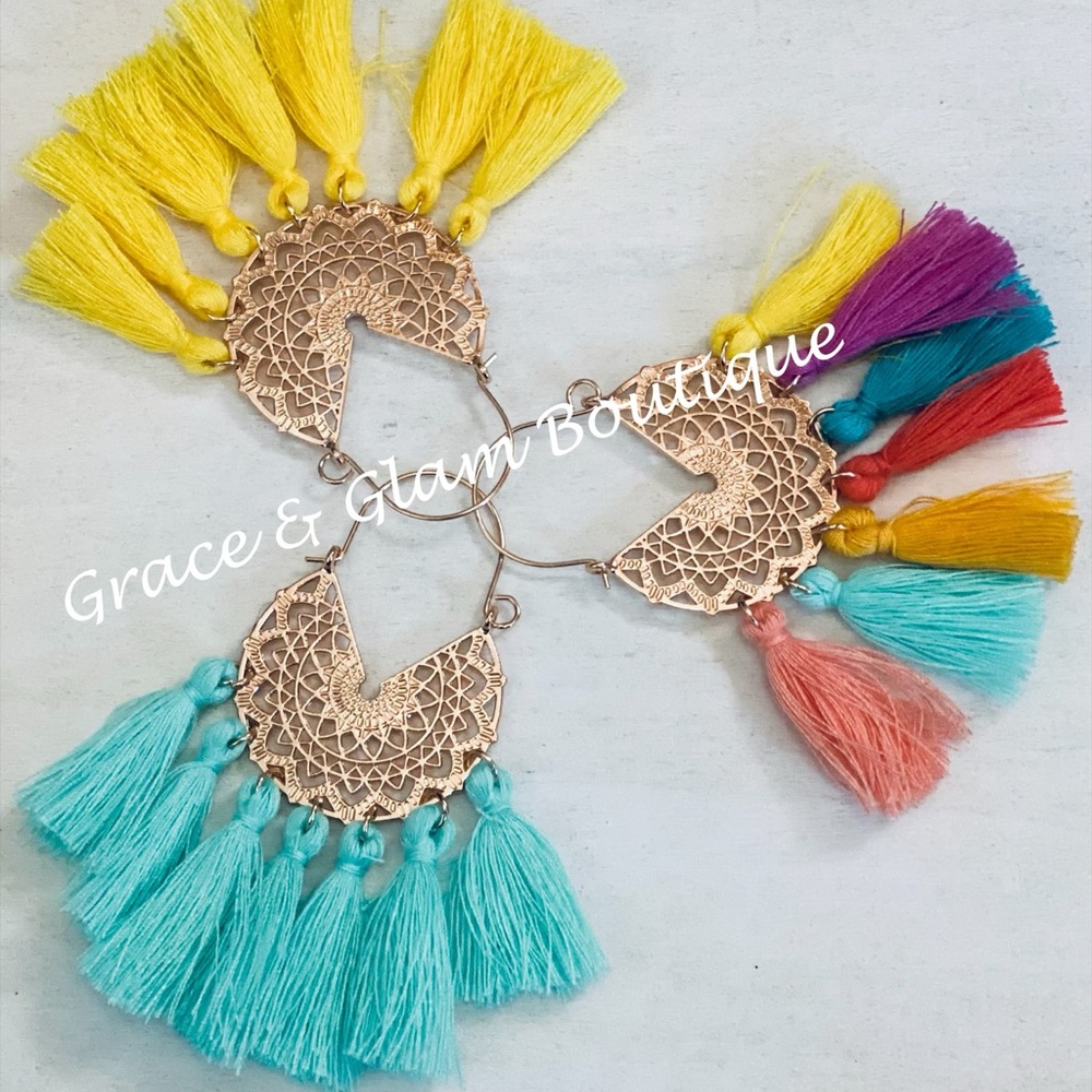 Boho style rose gold tassel earrings